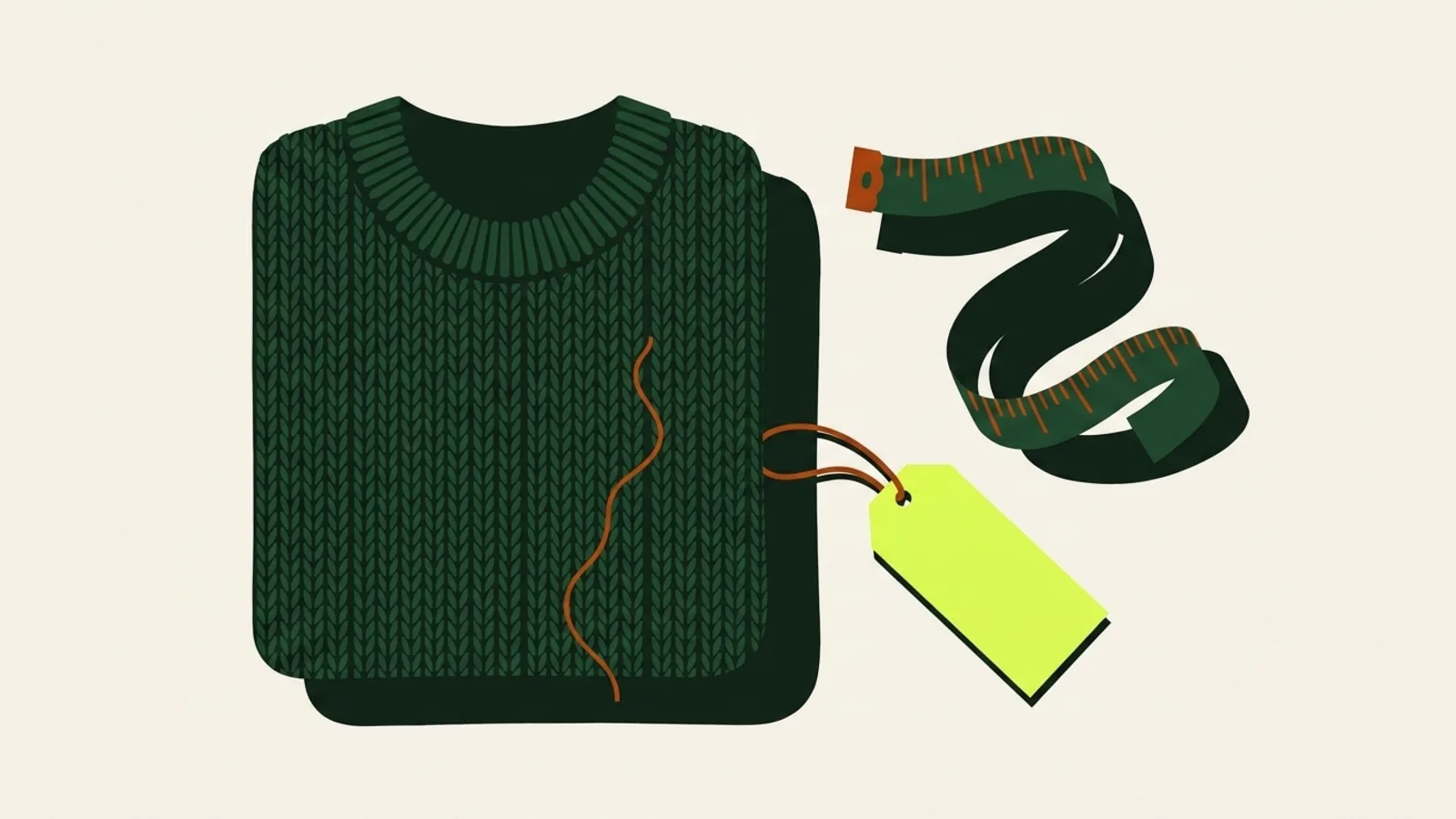 A cut-paper illustration seen from above: a knitted jumper folded into a neat square with one orange pulled thread trailing from it, a curled tape measure and a blank swing tag.